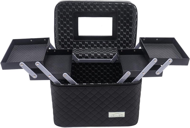 Sooyee Makeup Bag Cosmetic Bags with Mirror, Makeup Organizer 4 Layer Foldable Tray Open to The Sides,Makeup Travel Bag for Women,Makeup Box Train Case,Black