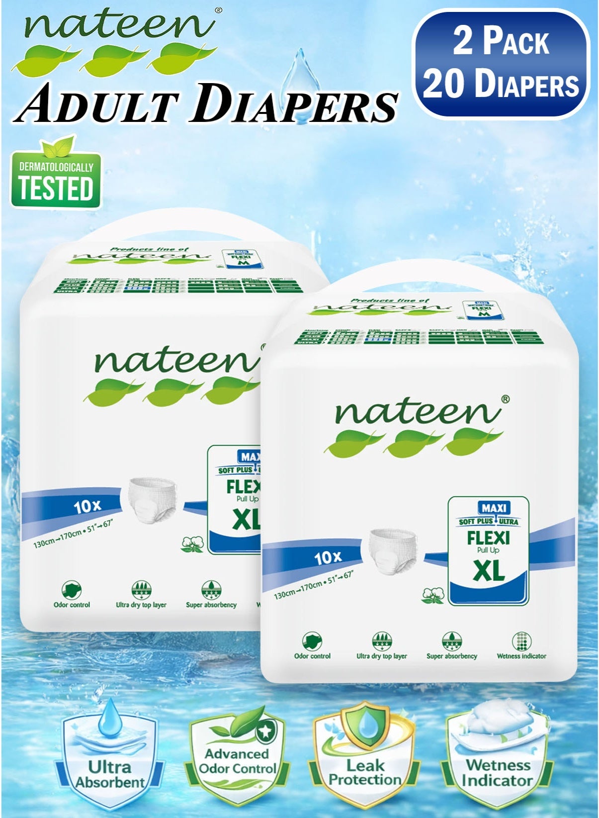 nateen 20 Count Pack of 2 Nateen Flexi Maxi Adult Diapers Pants Night Time Pull Up Extra Large Size Waist 130-170cm Disposable Incontinence Underwear for Men & Women, Ultra Absorbent 3850ml Overnight