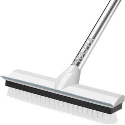 PRUVAVE Bathroom Cleaning Brush with Wiper 2 in 1 Tiles Cleaning Brush Floor Scrub Brush with Long Handle White scrubbing Brush Cleaning Brush Stainless Steel Handle (WH) - Image 1