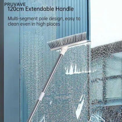 PRUVAVE Bathroom Cleaning Brush with Wiper 2 in 1 Tiles Cleaning Brush Floor Scrub Brush with Long Handle White scrubbing Brush Cleaning Brush Stainless Steel Handle (WH) - Image 3