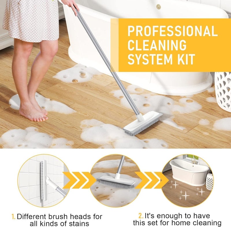 PRUVAVE Bathroom Cleaning Brush with Wiper 2 in 1 Tiles Cleaning Brush Floor Scrub Brush with Long Handle White scrubbing Brush Cleaning Brush Stainless Steel Handle (WH) - Image 5