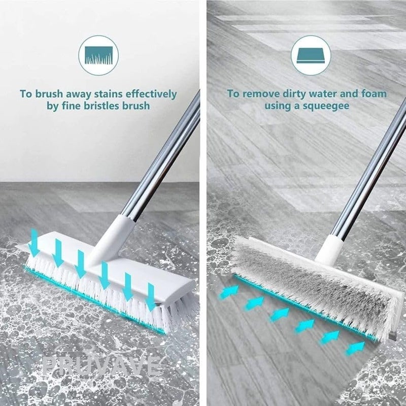 PRUVAVE Bathroom Cleaning Brush with Wiper 2 in 1 Tiles Cleaning Brush Floor Scrub Brush with Long Handle White scrubbing Brush Cleaning Brush Stainless Steel Handle (WH) - Image 2