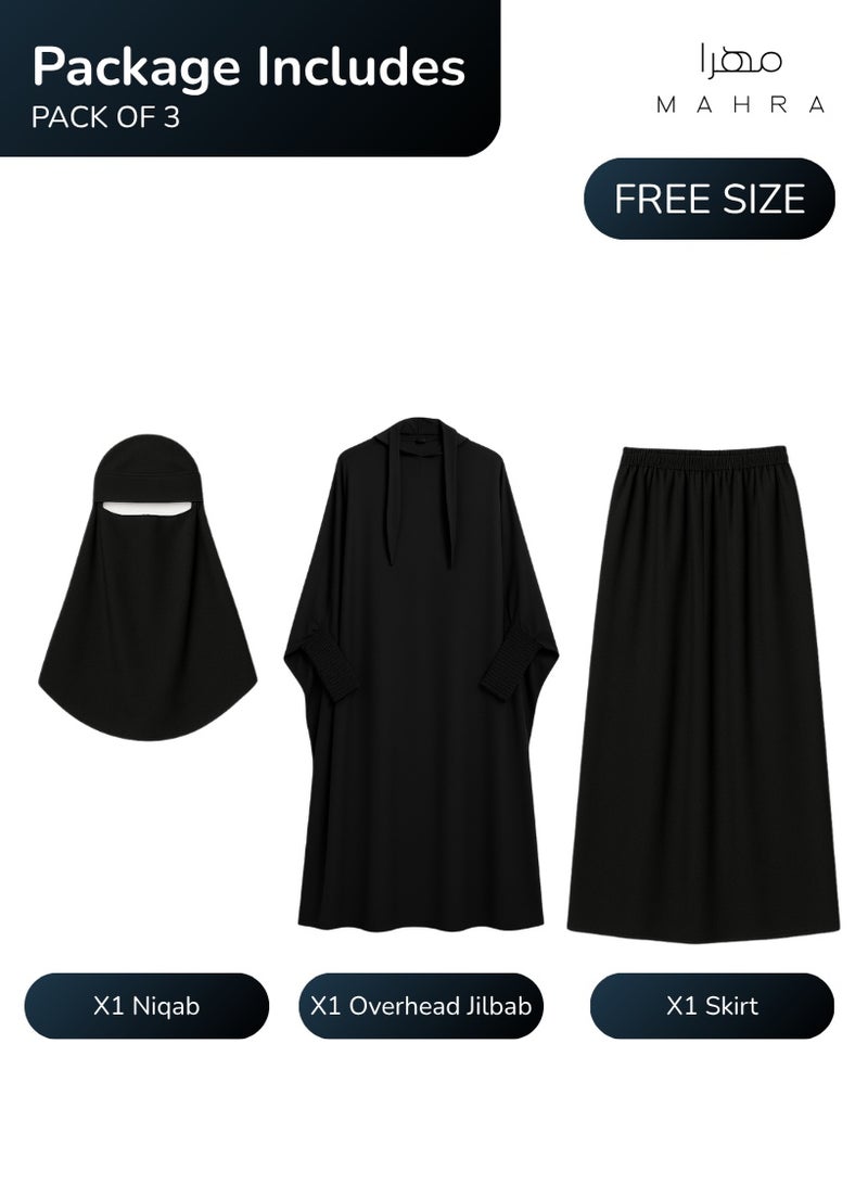 MAHRA CO. Women’s Black Jilbab Set – 3 Piece Outfit | One Size Fits Most | Includes Jilbab, Face Veil & Long Skirt | Made from Soft, Lightweight Nida Fabric | Modest, Comfortable Wear for Prayer, Travel, Daily Use & Special Occasions - Image 2