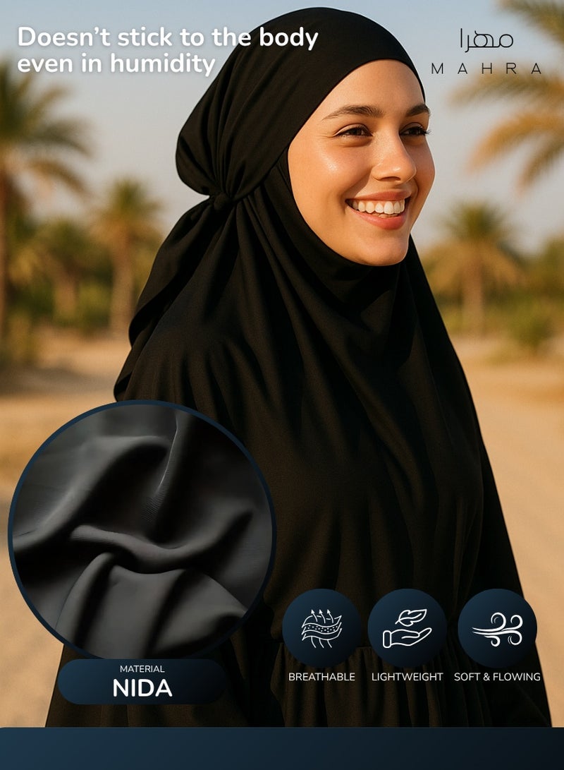 MAHRA CO. Women’s Black Jilbab Set – 3 Piece Outfit | One Size Fits Most | Includes Jilbab, Face Veil & Long Skirt | Made from Soft, Lightweight Nida Fabric | Modest, Comfortable Wear for Prayer, Travel, Daily Use & Special Occasions - Image 4