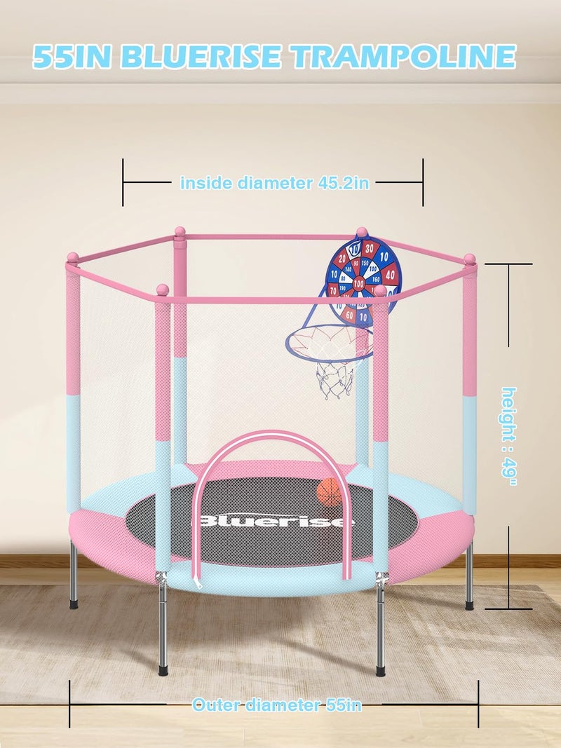 BLUERISE 55IN Toddler Trampoline for Kids Indoor Play for Kids Trampoline Basketball Hoop Attachment with Enclosure Net Easy to Assemble Recreational Trampoline Pink - Image 4