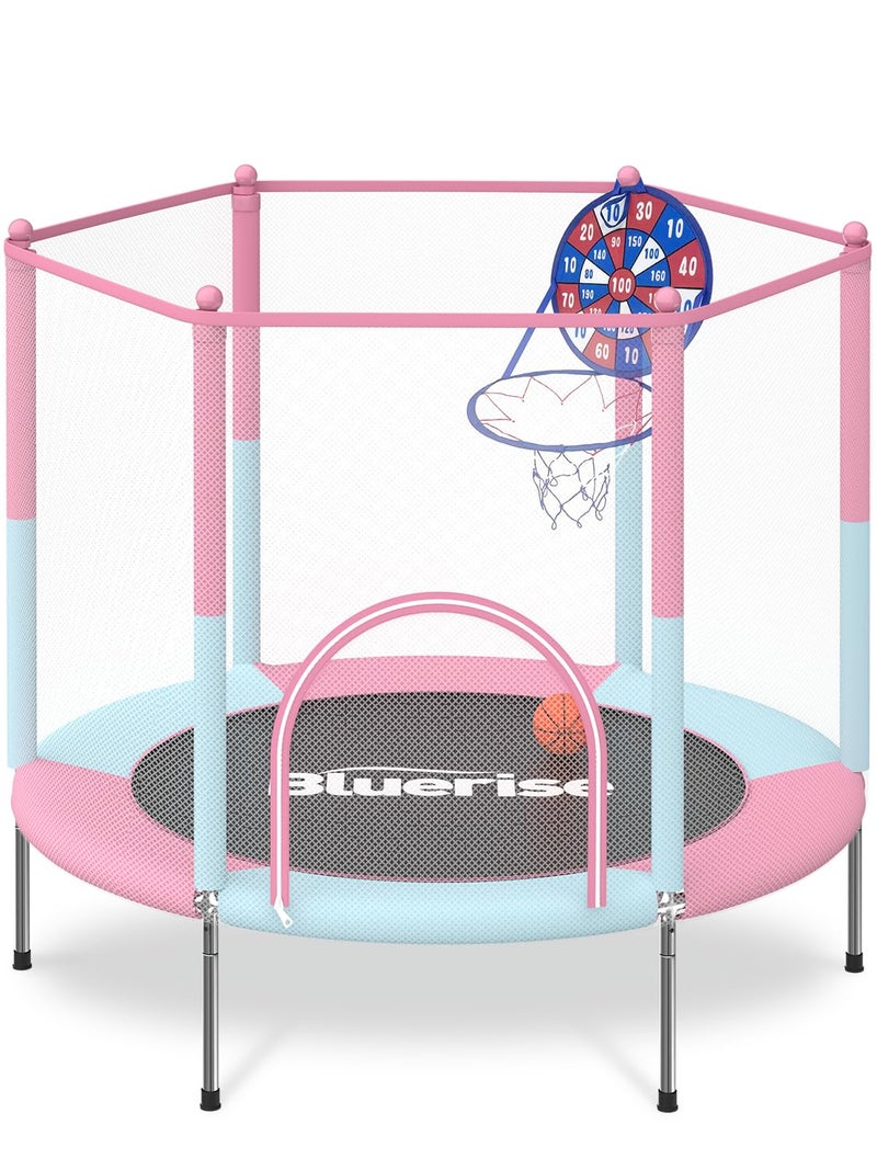BLUERISE 55IN Toddler Trampoline for Kids Indoor Play for Kids Trampoline Basketball Hoop Attachment with Enclosure Net Easy to Assemble Recreational Trampoline Pink - Image 1
