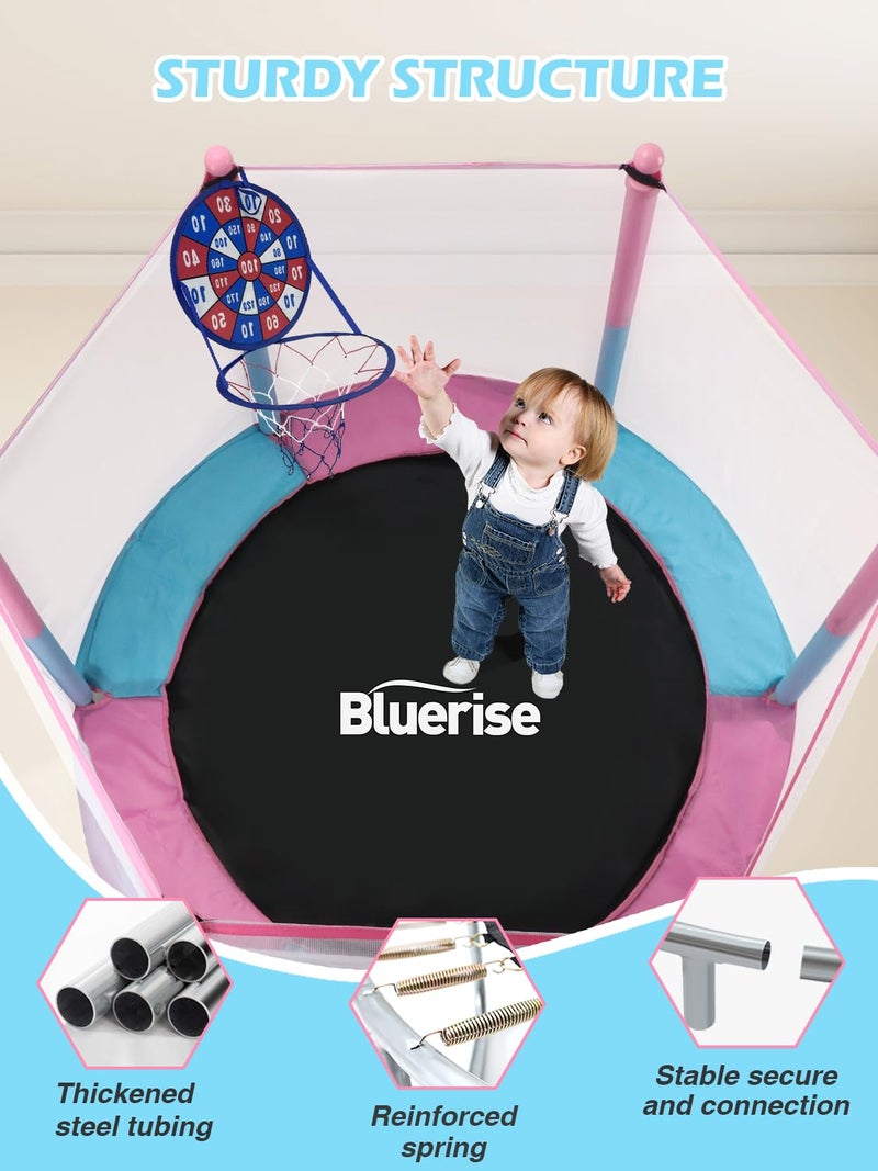 BLUERISE 55IN Toddler Trampoline for Kids Indoor Play for Kids Trampoline Basketball Hoop Attachment with Enclosure Net Easy to Assemble Recreational Trampoline Pink - Image 5