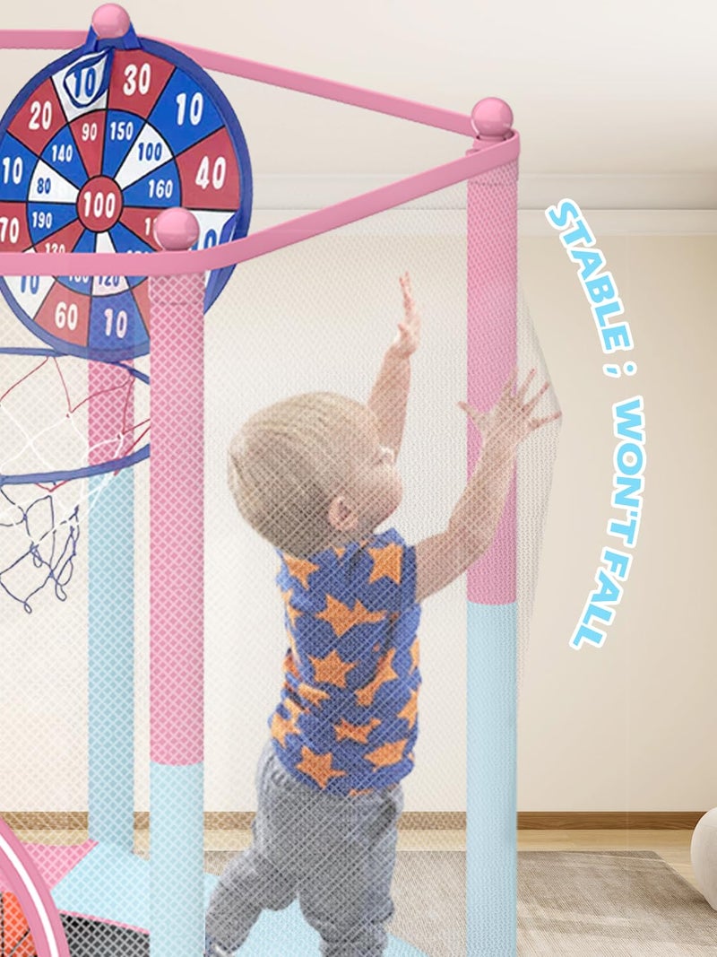 BLUERISE 55IN Toddler Trampoline for Kids Indoor Play for Kids Trampoline Basketball Hoop Attachment with Enclosure Net Easy to Assemble Recreational Trampoline Pink - Image 3