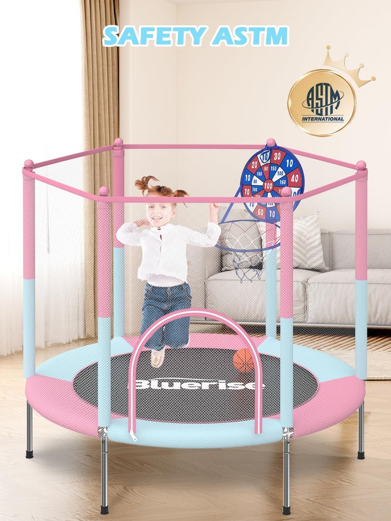 BLUERISE 55IN Toddler Trampoline for Kids Indoor Play for Kids Trampoline Basketball Hoop Attachment with Enclosure Net Easy to Assemble Recreational Trampoline Pink - Image 2