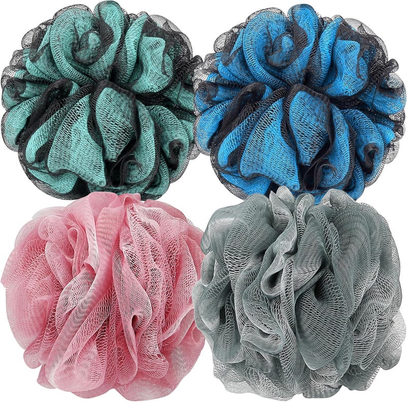 Bath Shower Loofah Sponge 60g Bath Mesh Pouf Shower Ball Body Scrubber Exfoliating Bath Sponge for Women and Men, Set of 4, Blue
