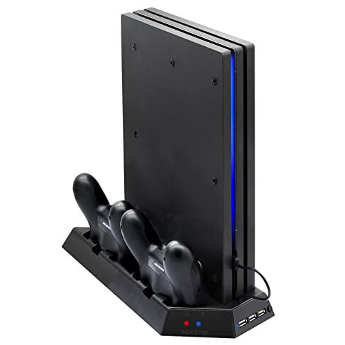 FASTSNAIL Vertical Stand for PS4 Pro with Cooling Fan, Controller Charging Station for PlayStation 4 Pro, Charger for DualShock 4 Controller with LED Indicator - Image 1