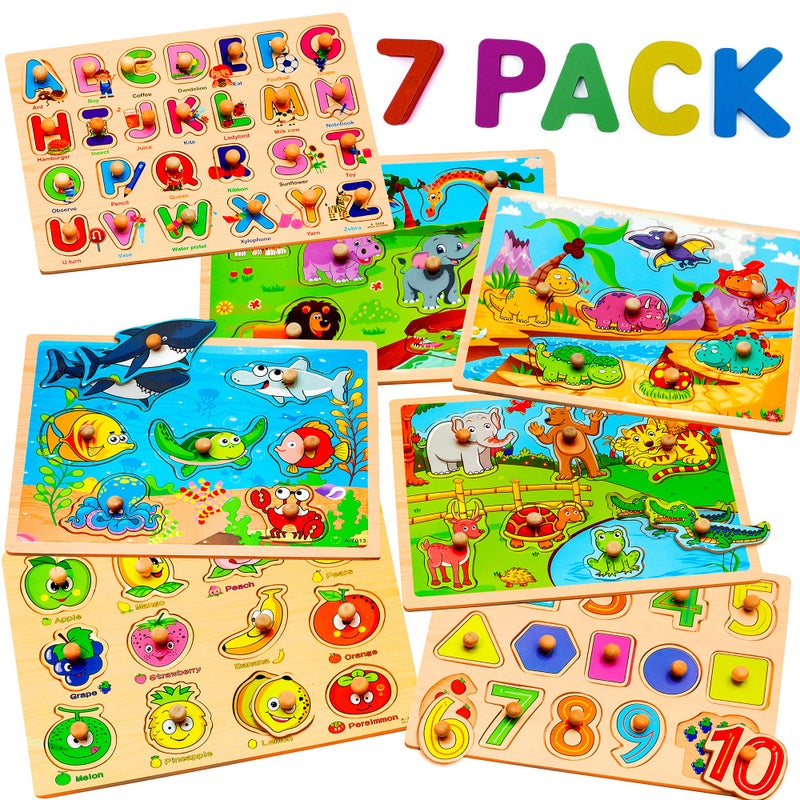 WOOODLIFY 7 Pack Wooden Puzzles for Toddlers 2 3 4 5 Years Old 7 Colorful Chunky Wood Peg Puzzles for Kids Ages 25 Alphabet Shape Numbers Fruits Sea Animals Dinosaur Zoo Educational Toddler Learning Toys - Image 3