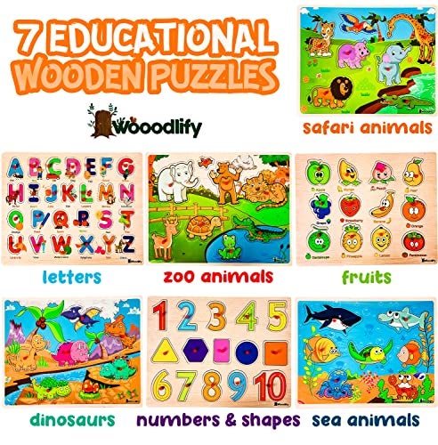 WOOODLIFY 7 Pack Wooden Puzzles for Toddlers 2 3 4 5 Years Old 7 Colorful Chunky Wood Peg Puzzles for Kids Ages 25 Alphabet Shape Numbers Fruits Sea Animals Dinosaur Zoo Educational Toddler Learning Toys - Image 5