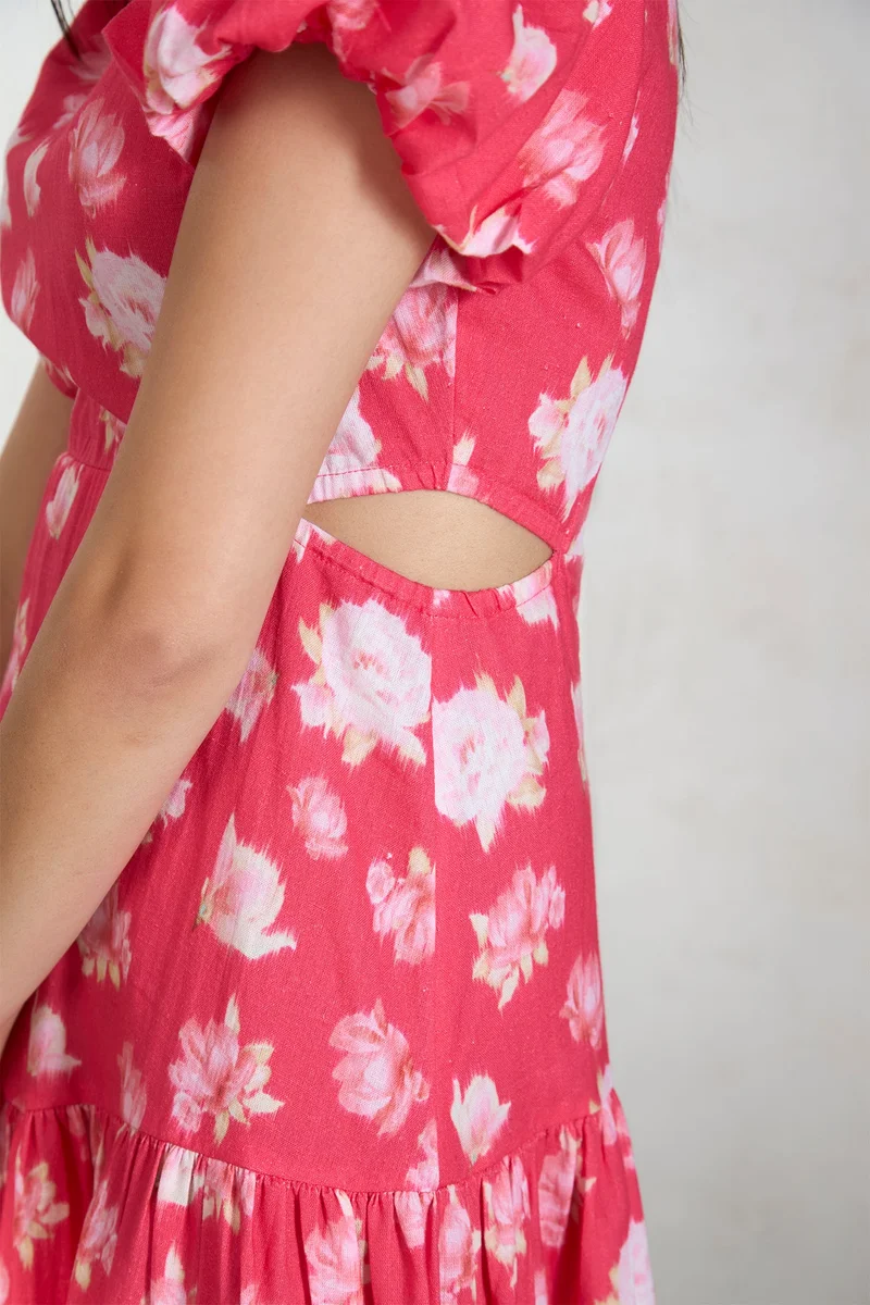 Virgio  Floral Linen Coral Cutout Fit And Flare Dress for Women for Women | Best Price UAE
