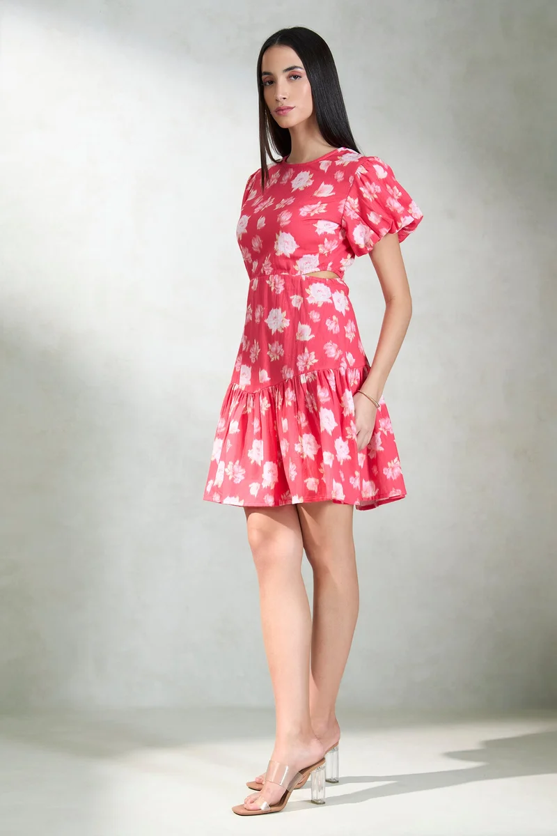 فيرجيو Floral Linen Coral Cutout Fit And Flare Dress for Women