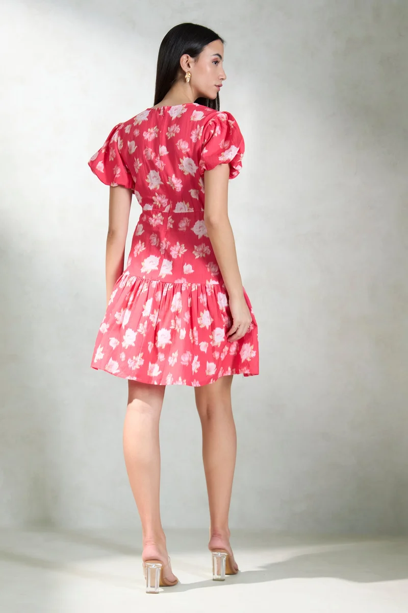 Virgio  Floral Linen Coral Cutout Fit And Flare Dress for Women for Women | Best Price UAE