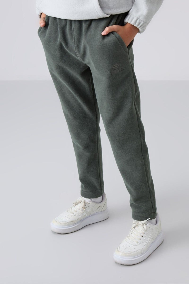 Khaki Thick Soft Texture Standard Fit Embroidered Polar Fleece Boy's Tracksuit Bottom - 11219