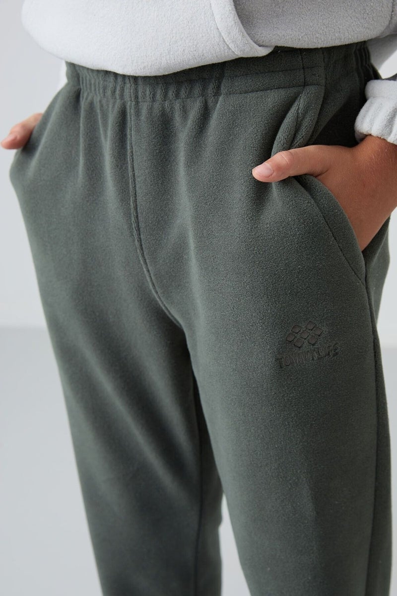 Khaki Thick Soft Texture Standard Fit Embroidered Polar Fleece Boy's Tracksuit Bottom - 11219