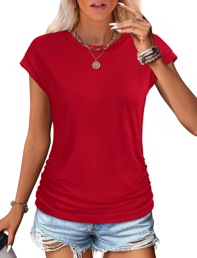 SAMPEEL Womens Summer Tops 2026 Trendy Casual Dressy Cap Sleeve T Shirts Loose Fit Tshirts Crew Neck Red L - Image 2