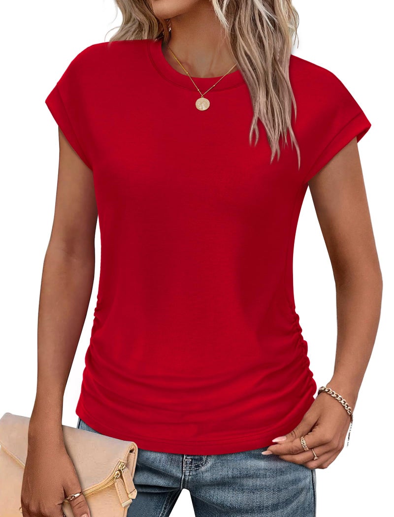 SAMPEEL Womens Summer Tops 2026 Trendy Casual Dressy Cap Sleeve T Shirts Loose Fit Tshirts Crew Neck Red L - Image 1