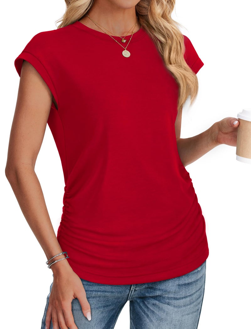 SAMPEEL Womens Summer Tops 2026 Trendy Casual Dressy Cap Sleeve T Shirts Loose Fit Tshirts Crew Neck Red L - Image 3