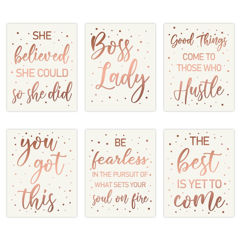Haooryx 6Pcs Boss Lady Wall Art Rose Gold Inspirational Quote Cardstock Art Print Office Decor Set Minimalist Girls Art Print Poster for Girls Women Bedroom Dorm Study Room Office Decorations