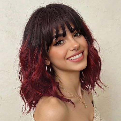 Nnzes Ombre Red Wig with Bangs for Women Bob Wavy Synthetic Wigs with Natural Shoulder Length Curly Heat Resistant Hair for Daily Party Use - Image 1
