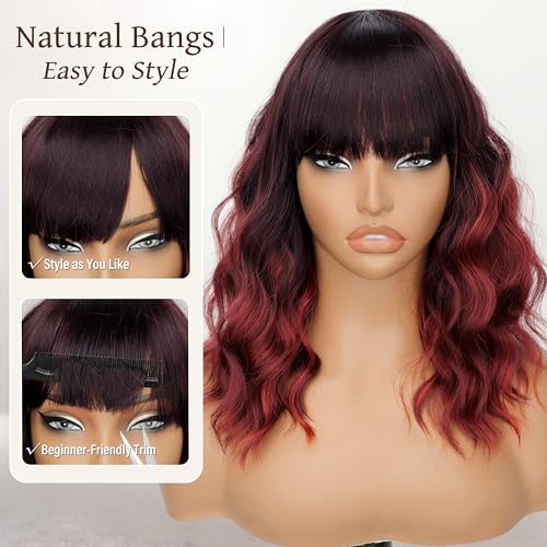 Nnzes Ombre Red Wig with Bangs for Women Bob Wavy Synthetic Wigs with Natural Shoulder Length Curly Heat Resistant Hair for Daily Party Use - Image 3