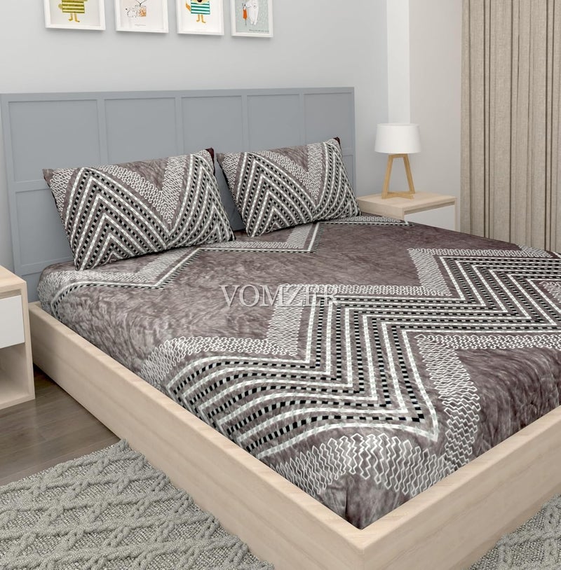 VOMZER Flannel Premium Elastic Fitted Warm Bedsheets For Winter For Double Bed Elastic Fitted Winter Bedsheets For King Size Bed With 2 Pillow Covers Size 72 X 78 Inches Beige Lines - Image 2