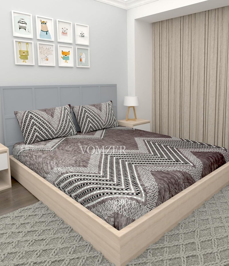 VOMZER Flannel Premium Elastic Fitted Warm Bedsheets For Winter For Double Bed Elastic Fitted Winter Bedsheets For King Size Bed With 2 Pillow Covers Size 72 X 78 Inches Beige Lines - Image 1
