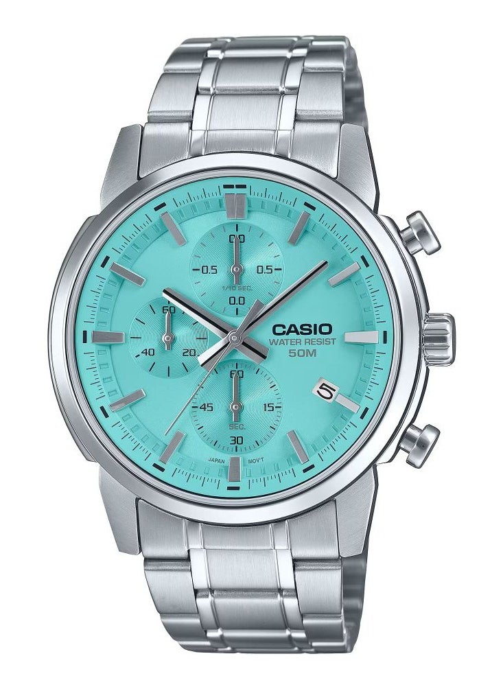 CASIO - CASIO MTP-E510D-2AV Turquoise  Dial Sporty Chronograph Design Stainless steel Mens Watch - Image 1
