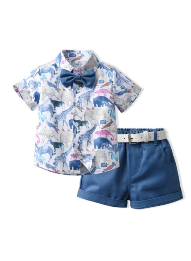 KUYING New Short Sleeved Shirt Belt Shorts Two-Piece Set 