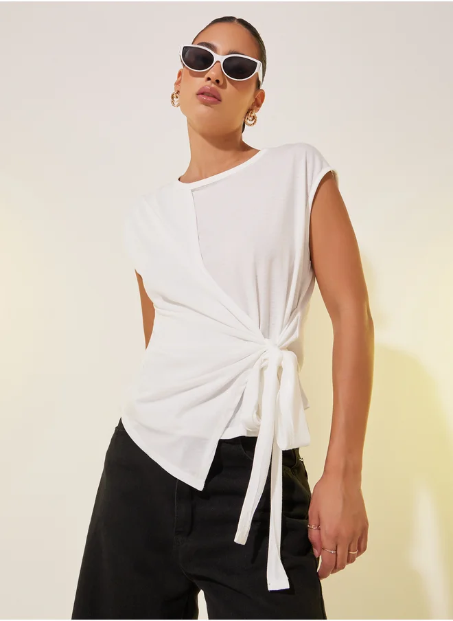 ستايلي Solid Cap Sleeve Side Waist Tie Wrap Top