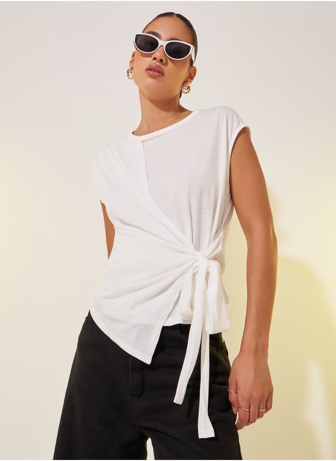 Take Two Solid Cap Sleeve Side Waist Tie Wrap Top  - Image 1