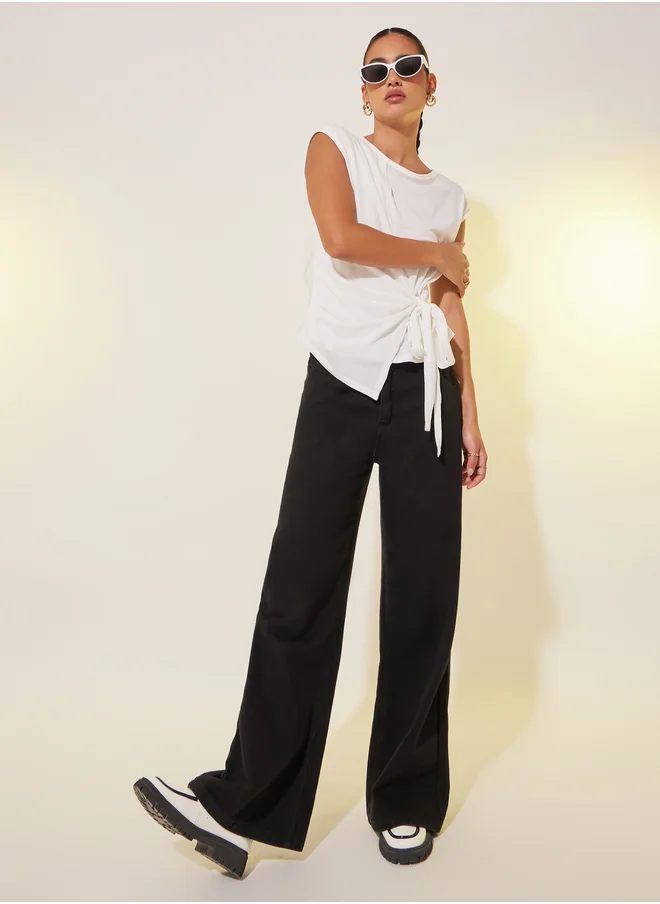 ستايلي Solid Cap Sleeve Side Waist Tie Wrap Top