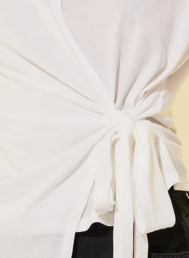 Take Two Solid Cap Sleeve Side Waist Tie Wrap Top