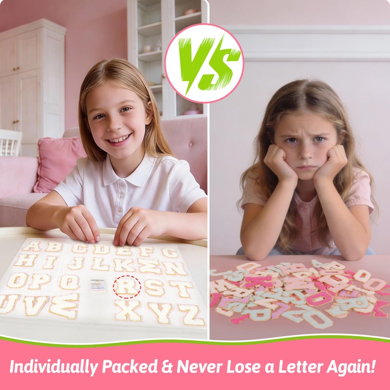 NICEVINYL White Chenille Letter Patchesï¼š26Pcs Pre-Sort Self Adhesive Chenille Letter Patch Stickers for Backpacks Hats Bags - Elegant Pink Backing Letters Patches Stick on DIY Crafts - Image 3