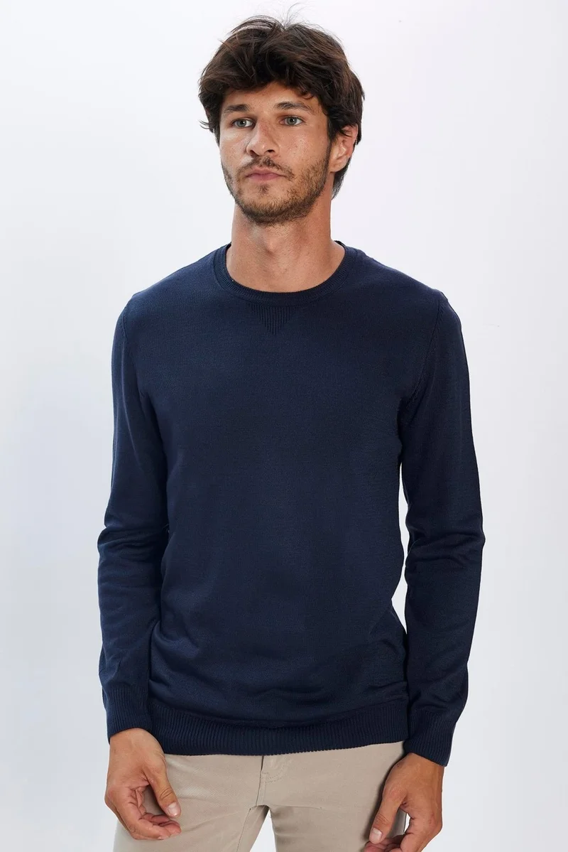 Tudors Men's Slim Fit Slim Cut Soft Textured Non-Pilling Navy Blue Crew Neck Knitwear Sweater