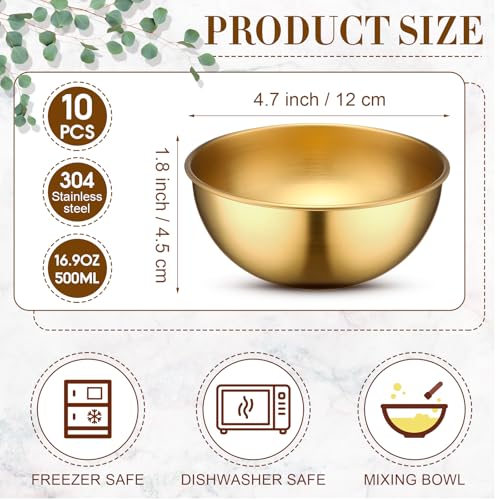 Nuogo 10 Pcs Gold Bowls 47 Inch Stainless Steel Mixing Bowls Decorative Esthetician Bowl for Facial Metal Serving Bowl for Holiday Birthday Party Wedding Baking Prepping Salad Fruit Soup - Image 3