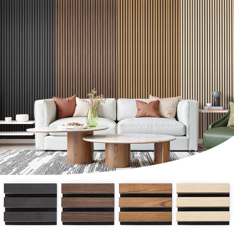 LarWorks Samples 4-Pack 6" x 4.7" Wood Slat Acoustic Panels - Include Black, Walnut, Oak, Teak - Image 1