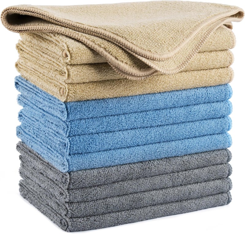 POLYTE Professional Microfiber Cleaning Cloths, 14 x 14 in, 12 Pack - Blue, Camel, Gray - Image 1
