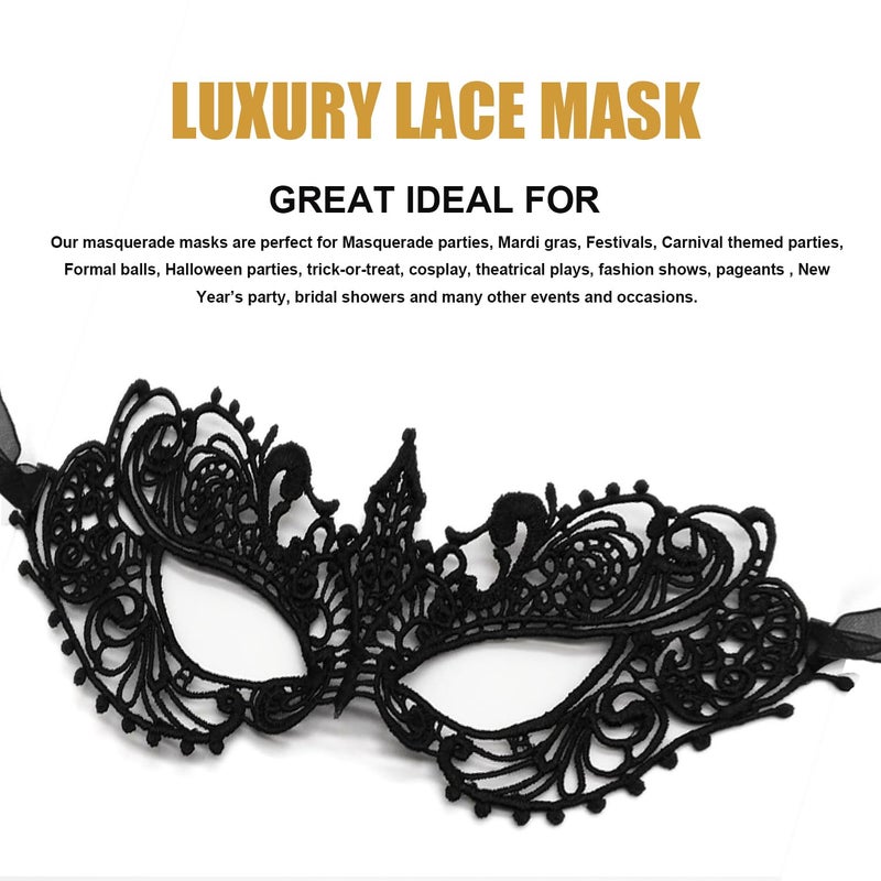 MYMENU Women Masquerade Mask Luxury Lace Venetian Halloween Carnival Masks for Party Costume Cosplay Mardi Gras (Black) - Image 2