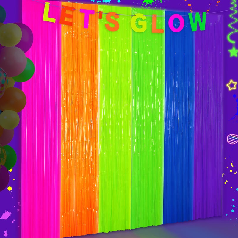 Glow in The Dark Tinsel Curtains 2 Pack 33x66ft UV Reactive Fluorescent Party Backdrop for Neon Birthday Pride Decorations PreTaped Lightweight Waterproof