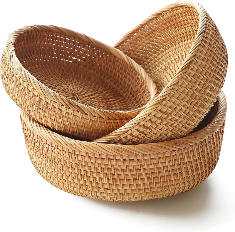 HITOMEN Handmade Rattan Bread Baskets Round Wicker Fruit Serving Storage Bowls, Natural Woven Decorative Kitchen Counter Organizing (Honey Brown) Set of 3 - Image 1