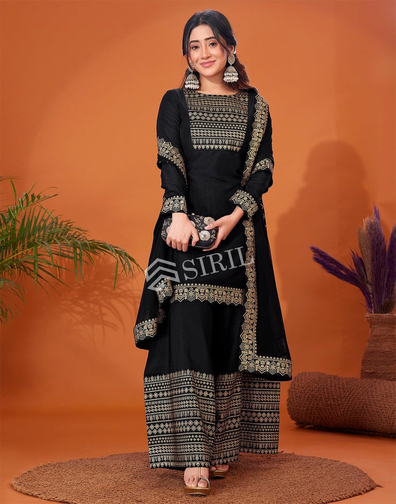 SIRIL Women's Cotton Foil Printed Black Kurta Sharara with Dupatta Set (54KBD633-XL_Black) - Image 3