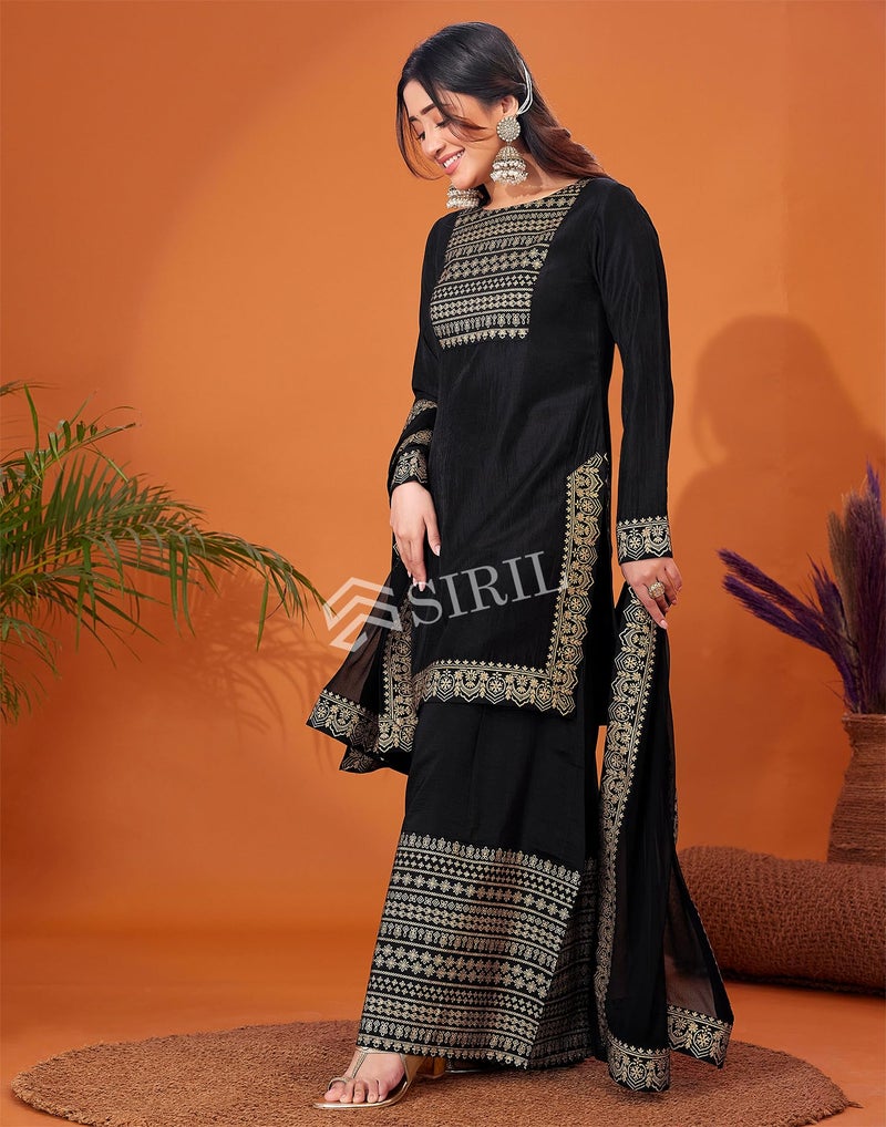 SIRIL Women's Cotton Foil Printed Black Kurta Sharara with Dupatta Set (54KBD633-XL_Black) - Image 4