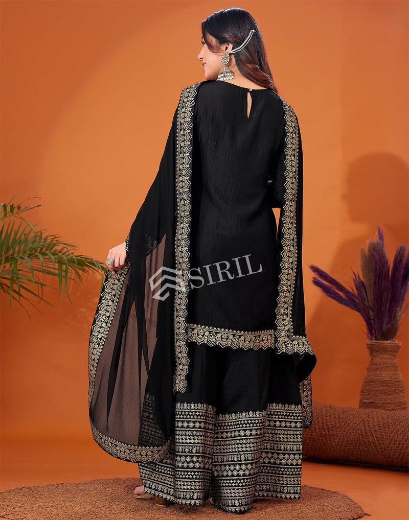 SIRIL Women's Cotton Foil Printed Black Kurta Sharara with Dupatta Set (54KBD633-XL_Black) - Image 2