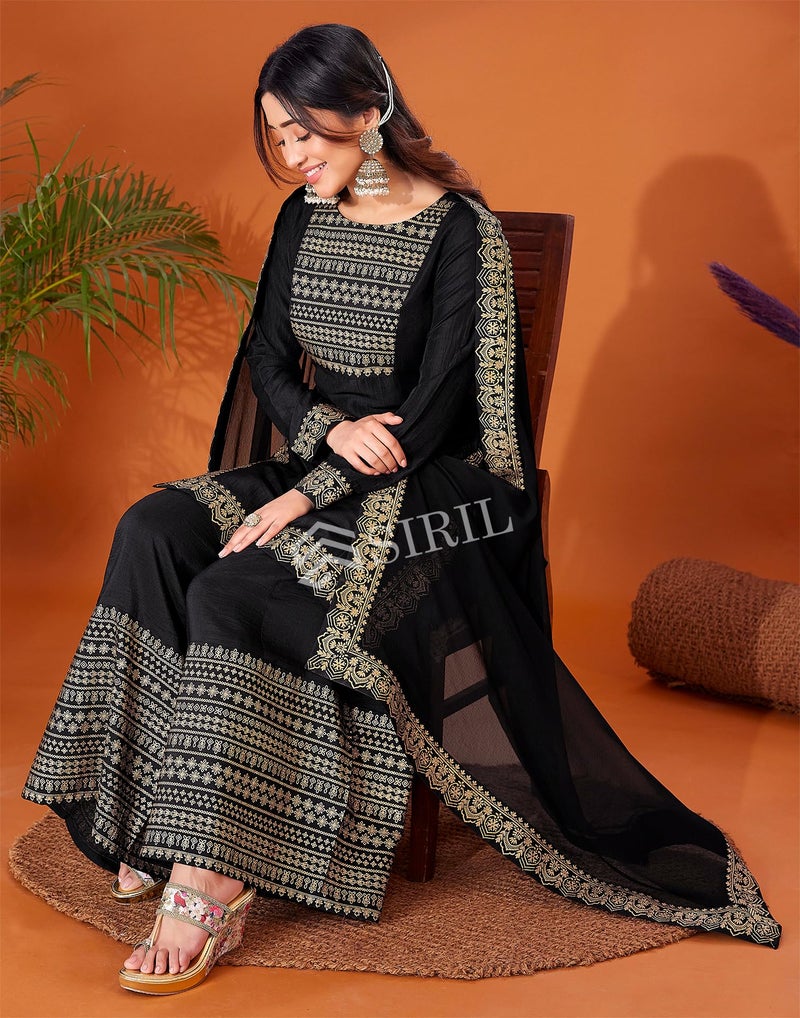 SIRIL Women's Cotton Foil Printed Black Kurta Sharara with Dupatta Set (54KBD633-XL_Black) - Image 5