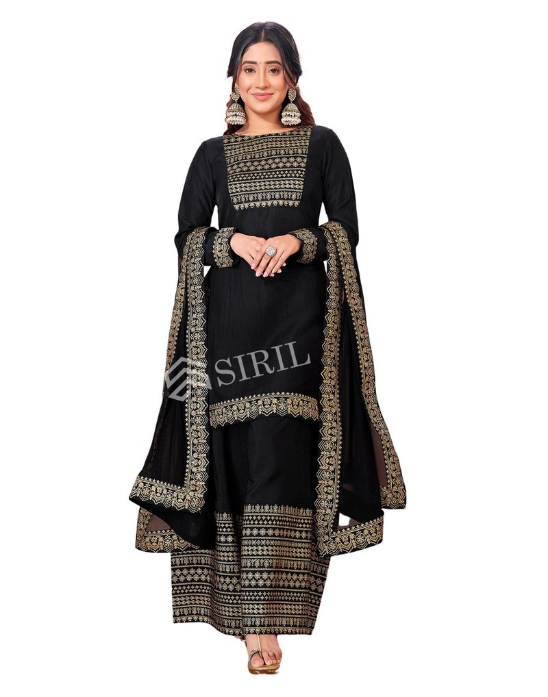 SIRIL Women's Cotton Foil Printed Black Kurta Sharara with Dupatta Set (54KBD633-XL_Black) - Image 1