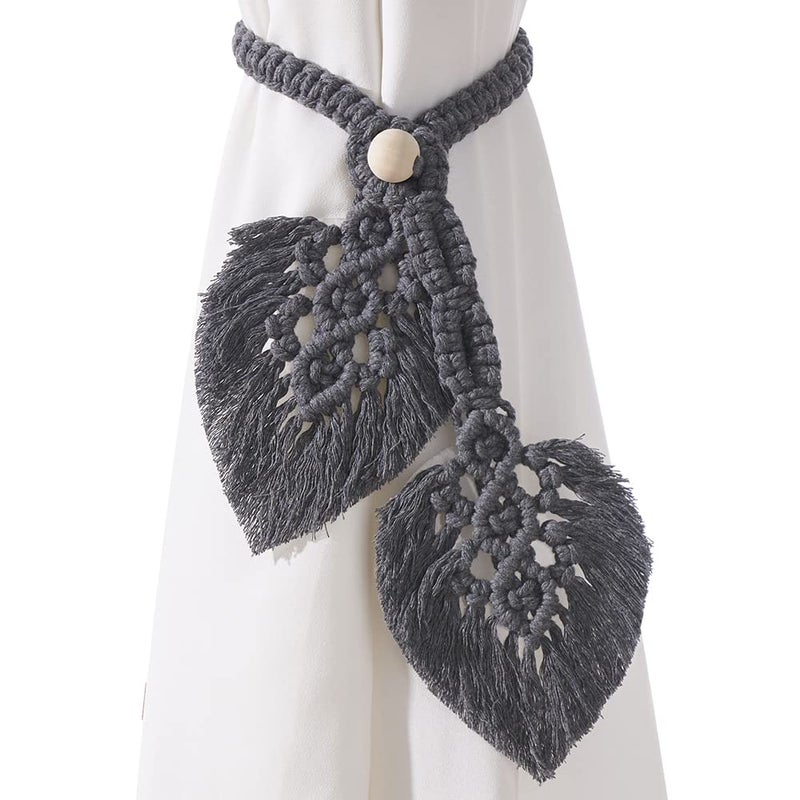 2 Pack Boho Curtain TiebacksHand Knitting Cotton Curtain Holdbacks with Adjustable Natural Wooden BeadDouble Leaves Farmhouse Theme Curtain Tie Backs for Indoor Outdoor Drapes DecorativeGrey